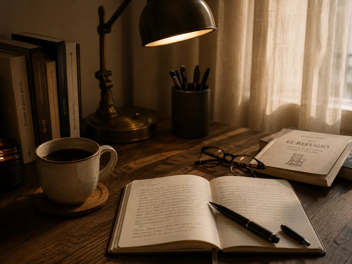 Escritorio cálido de escritura con cuaderno, taza, libros y luz suave