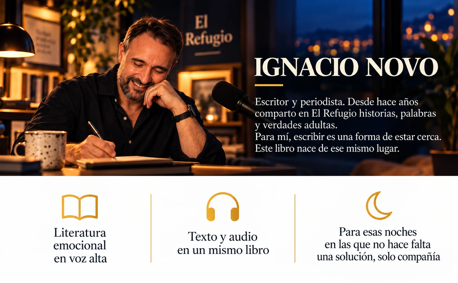 Ignacio Novo, escritor y periodista, escribiendo en El Refugio. Literatura emocional en voz alta. Texto y audio en un mismo libro.