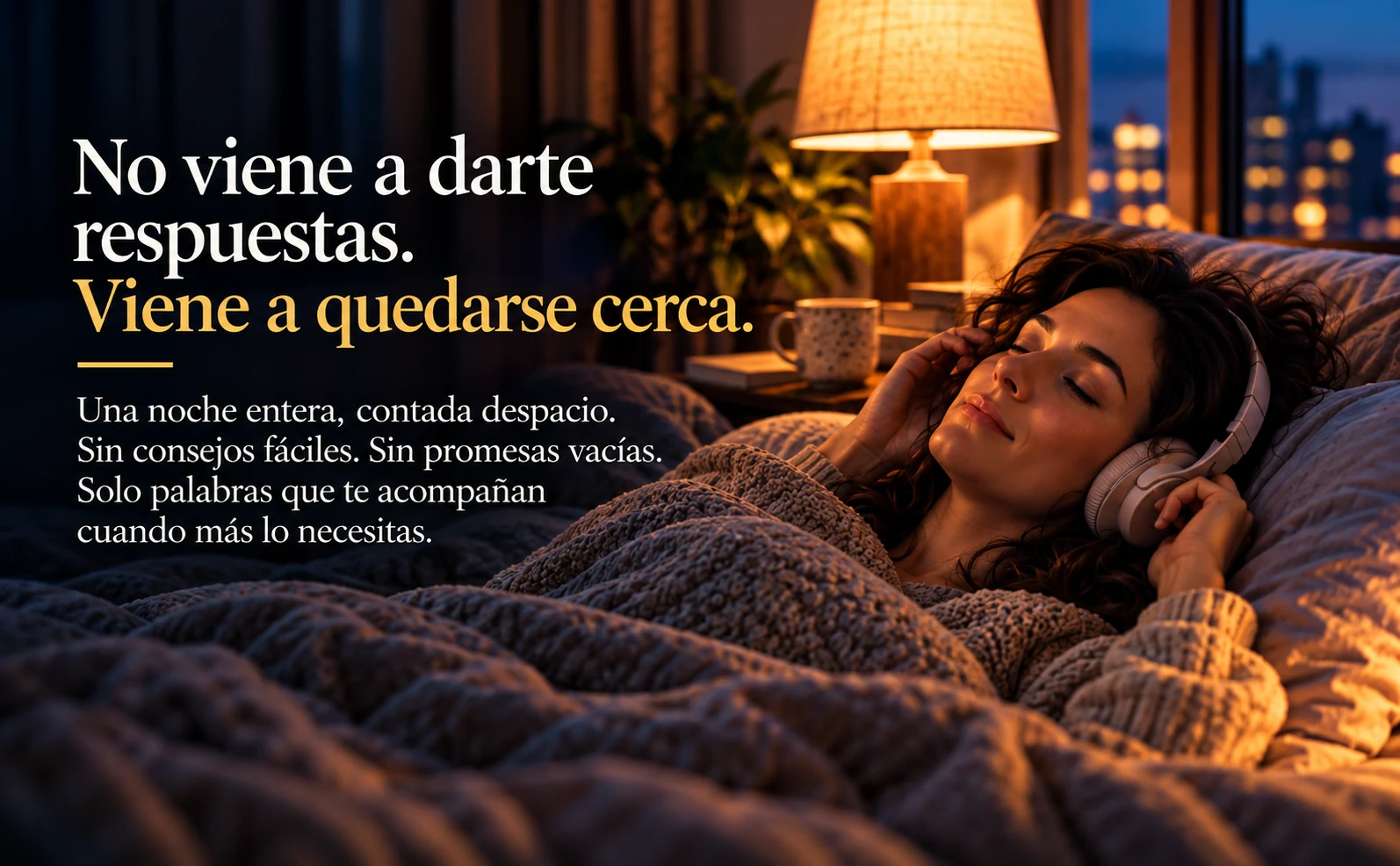 No viene a darte respuestas. Viene a quedarse cerca. Una mujer con auriculares, arropada en la cama de noche.